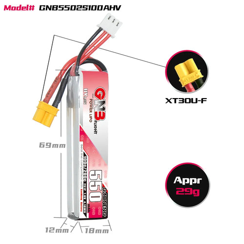 GAONENG GNB LiHV 2S 7.6V 550mAh 100C XT30 LiPo Battery Long Type [DG]