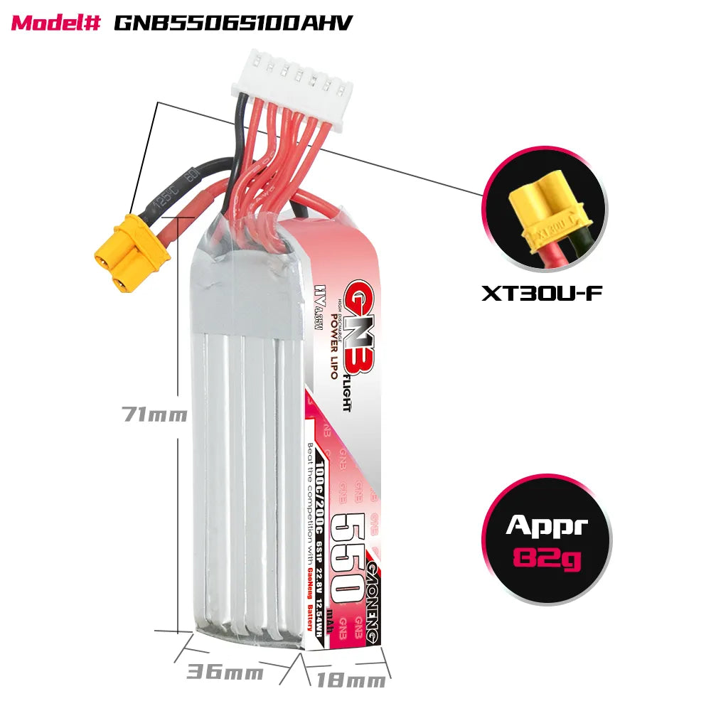 GAONENG GNB LiHV 6S 22.8V 550mAh 100C XT30 LiPo Battery Long Type [DG]