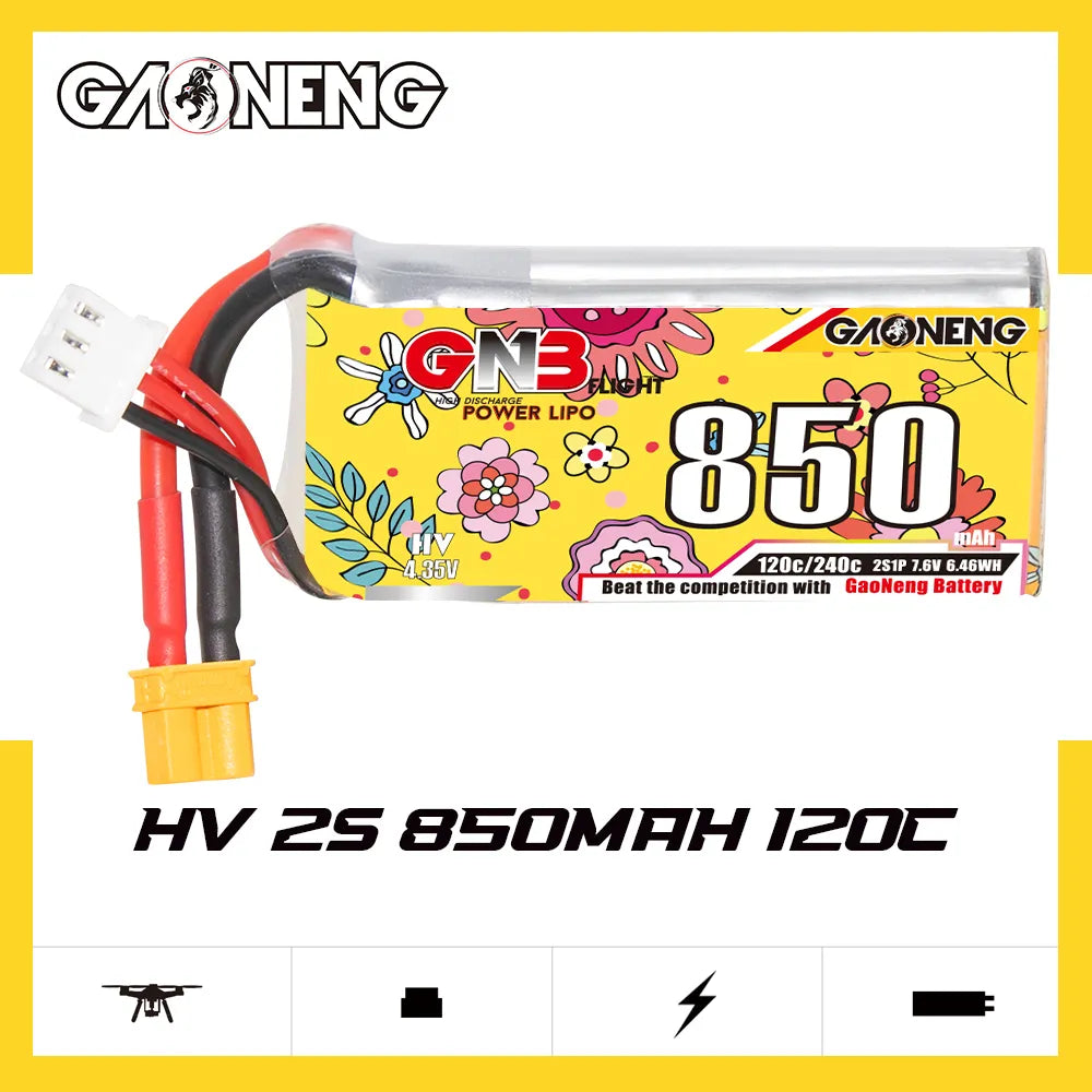 GAONENG GNB LiHV 2S 7.6V 850mAh 120C XT30 LiPo Battery [DG]