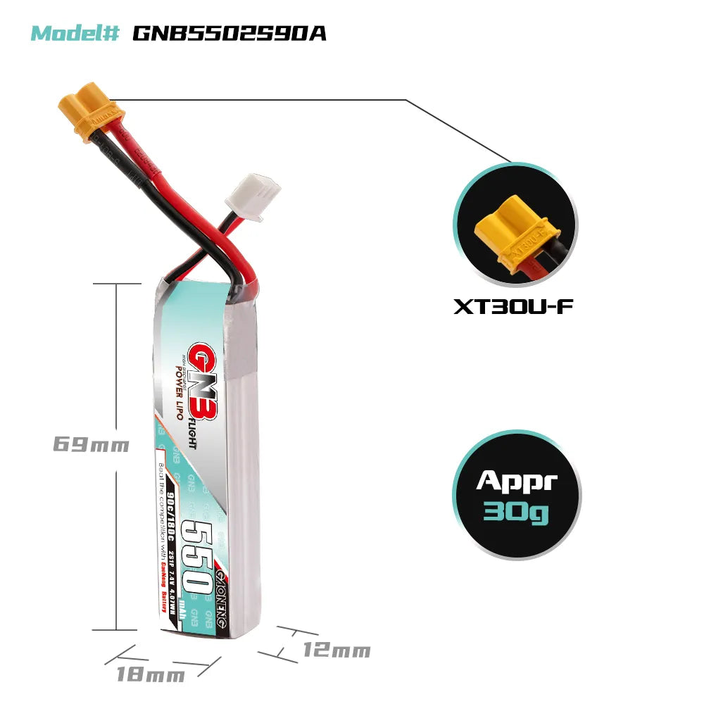 GAONENG GNB 2S 7.4V 550mAh 90C XT30 LiPo Battery Long Type [DG]