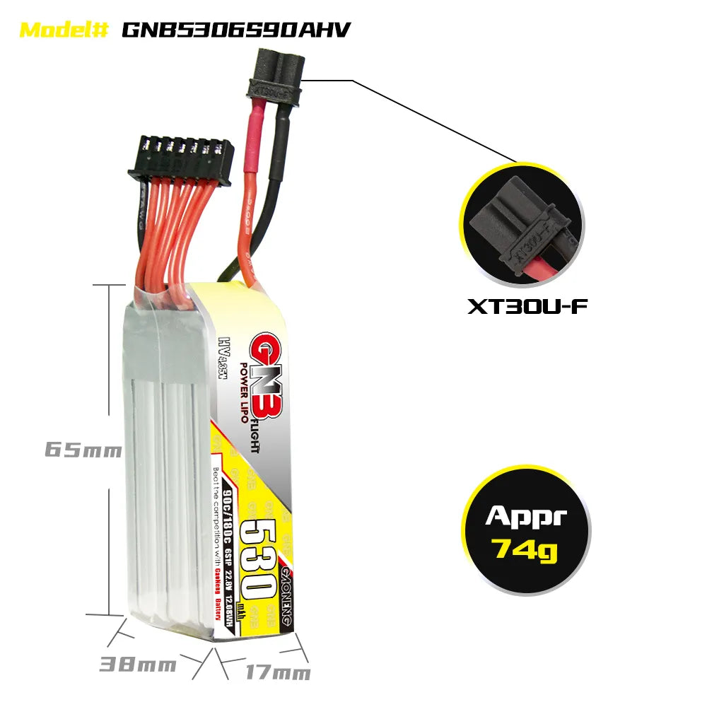 GAONENG GNB LiHV 6S 22.8V 530mAh 90C XT30 LiPo Battery Long Type [DG]