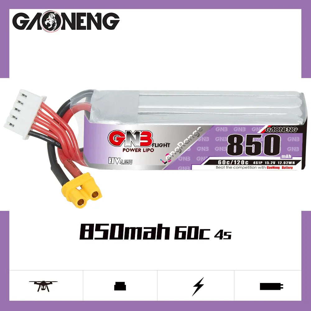 GAONENG GNB LiHV 4S 15.2V 850mAh 60C XT30 LiPo Battery Long Range [DG]