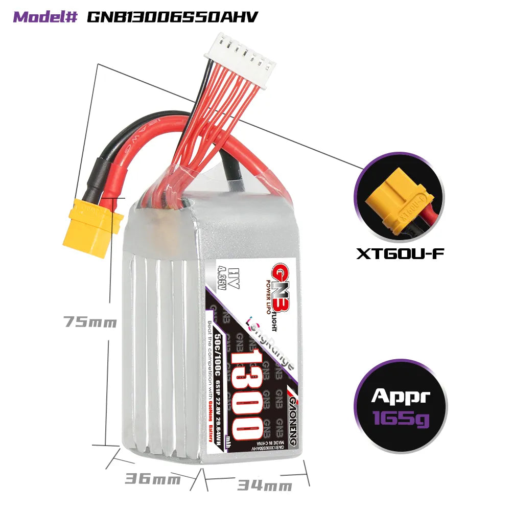 GAONENG GNB LiHV 6S 22.8V 1300mAh 50C XT60 LiPo Battery [DG]