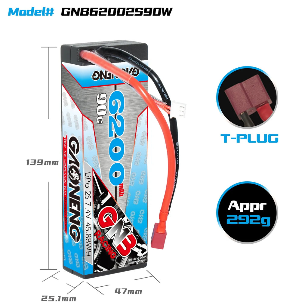 GAONENG GNB 2S 7.4V 6200mAh 90C Cabled Hard Case LiPo Battery T-Plug [DG]