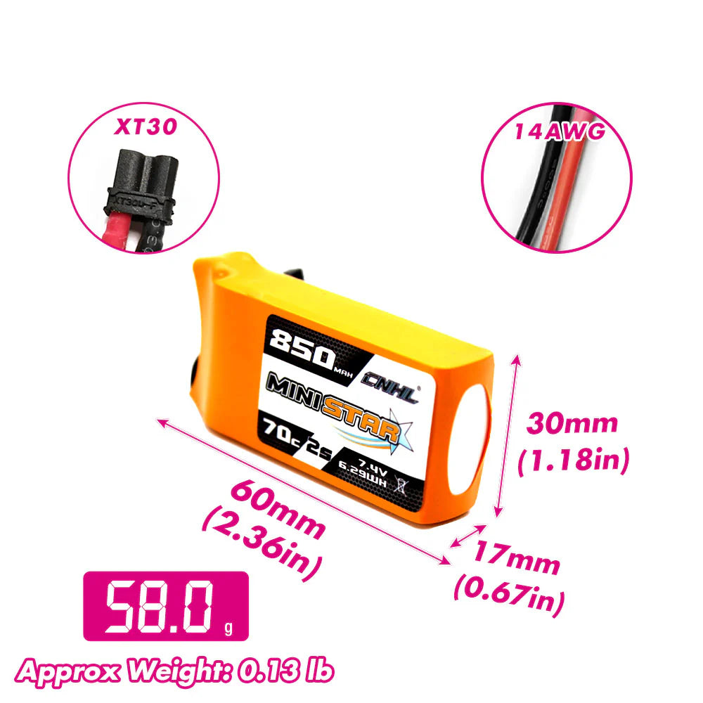 CNHL MiniStar 850mAh 7.4V 2S 70C Lipo Battery [DG]