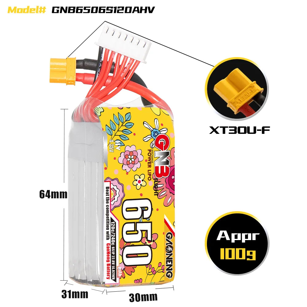 GAONENG GNB LiHV 6S 22.8V 650mAh 120C XT30 LiPo Battery [DG]