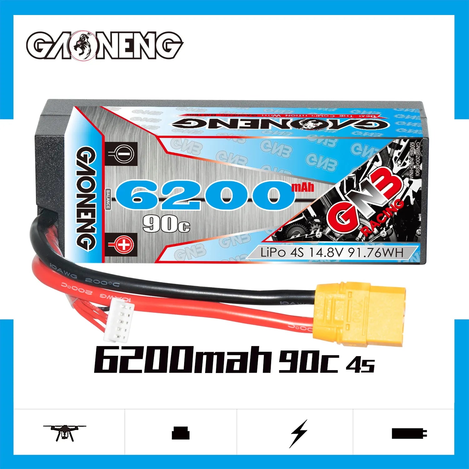 GAONENG GNB 4S 14.8V 6200mAh 90C Cabled Hard Case LiPo Battery XT90 [DG]