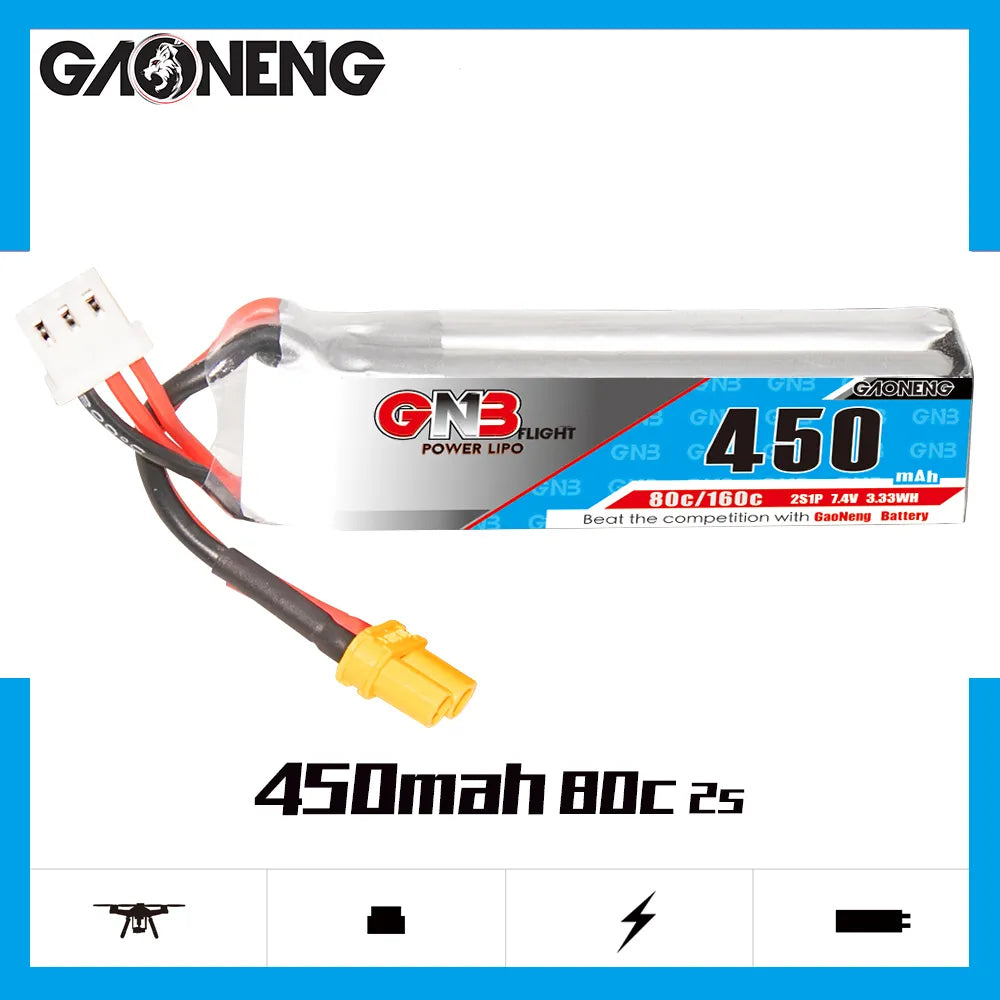 GAONENG GNB 2S 7.4V 450mAh 80C XT30 LiPo Battery Long Type [DG]