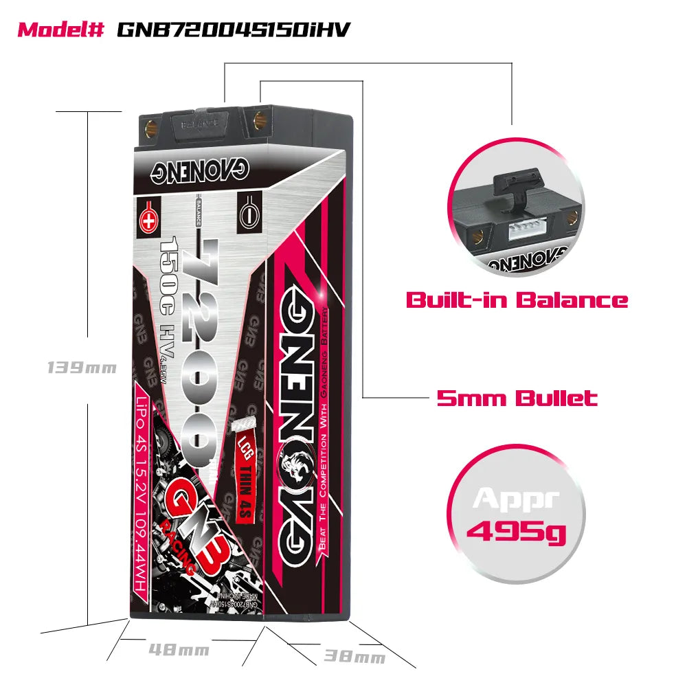 GAONENG GNB LiHV 4S 15.2V 7200mAh 150C 5mm Bullet LCG Thin 4S Hard Case LiPo Battery [DG]