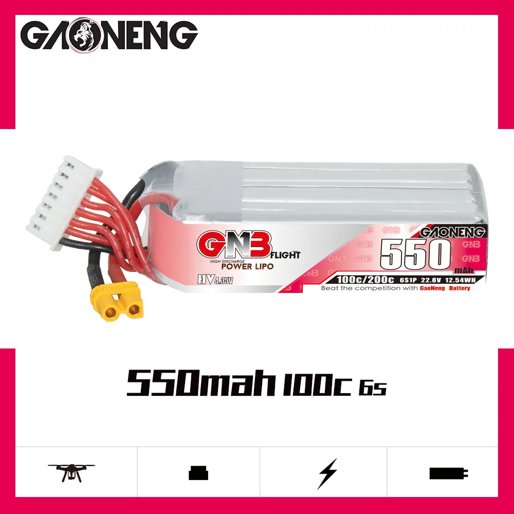 GAONENG GNB LiHV 6S 22.8V 550mAh 100C XT30 LiPo Battery Long Type [DG]