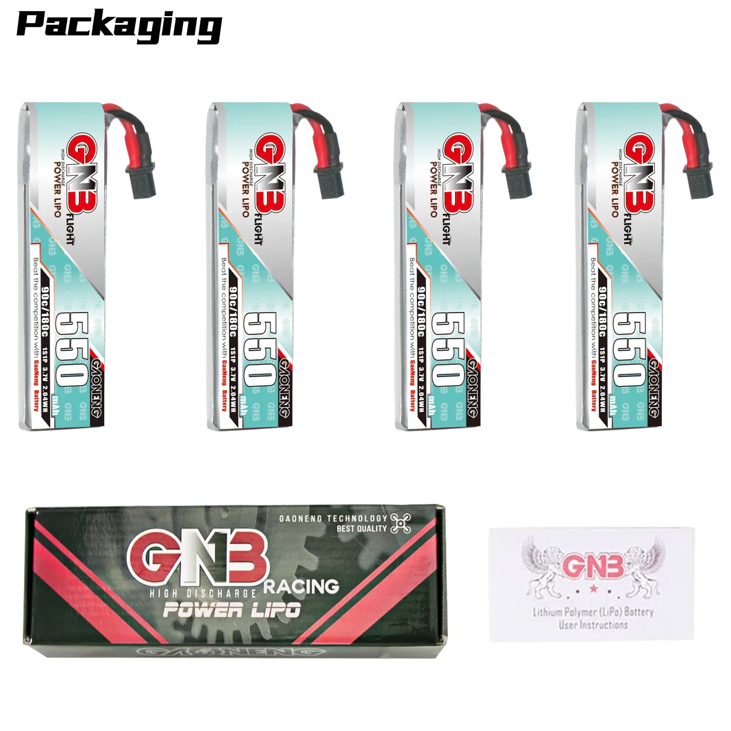 GAONENG GNB 1S 3.7V 550mAh 90C A30 Cabled LiPo Battery Long Type [DG]
