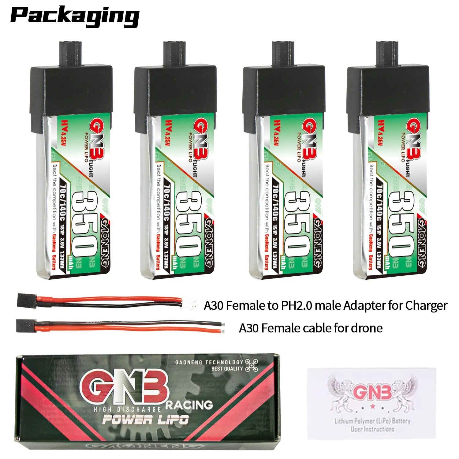 GAONENG GNB LiHV 1S 3.8V 350mAh 70C A30 Plastic Head LiPo Battery [DG]