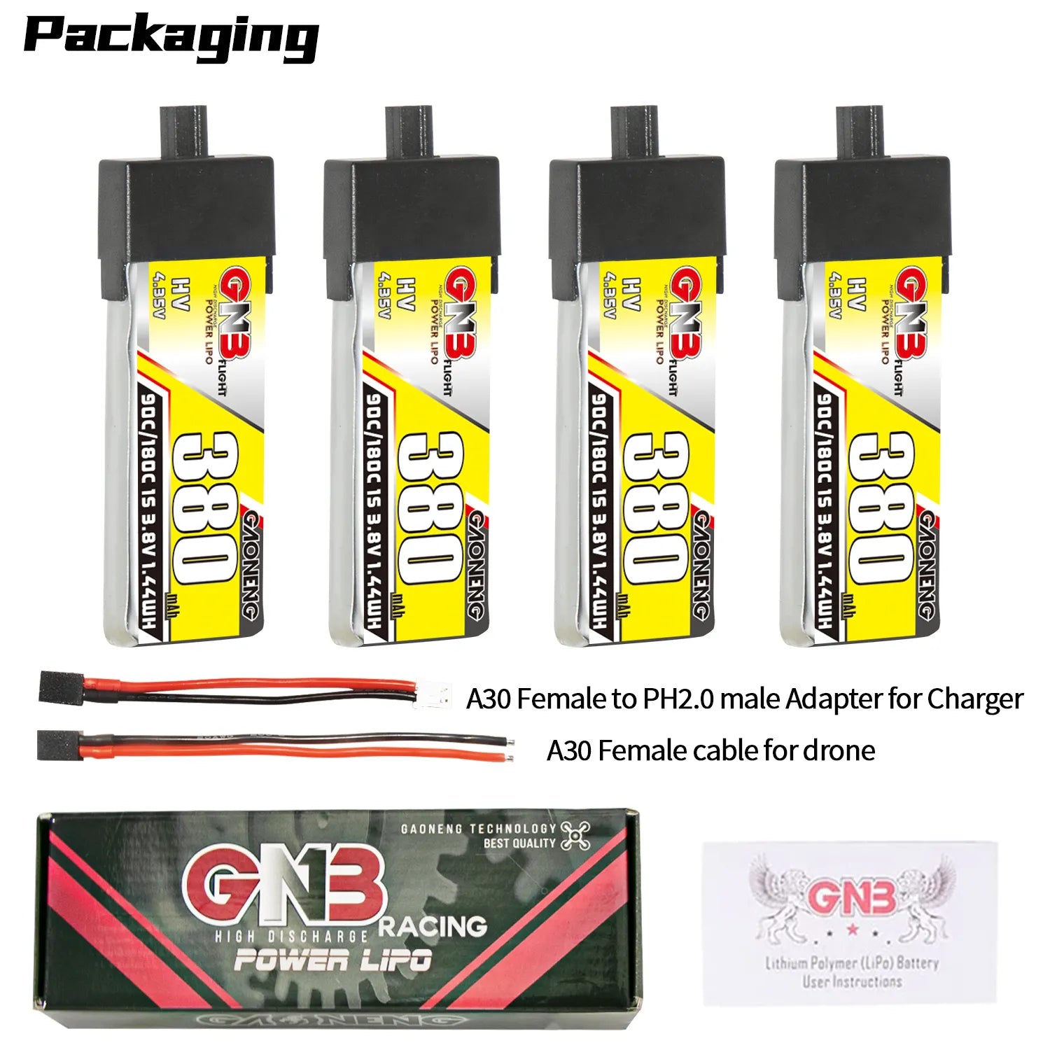 GAONENG GNB LiHV 1S 3.8V 380mAh 90C A30 Plastic Head LiPo Battery [DG]