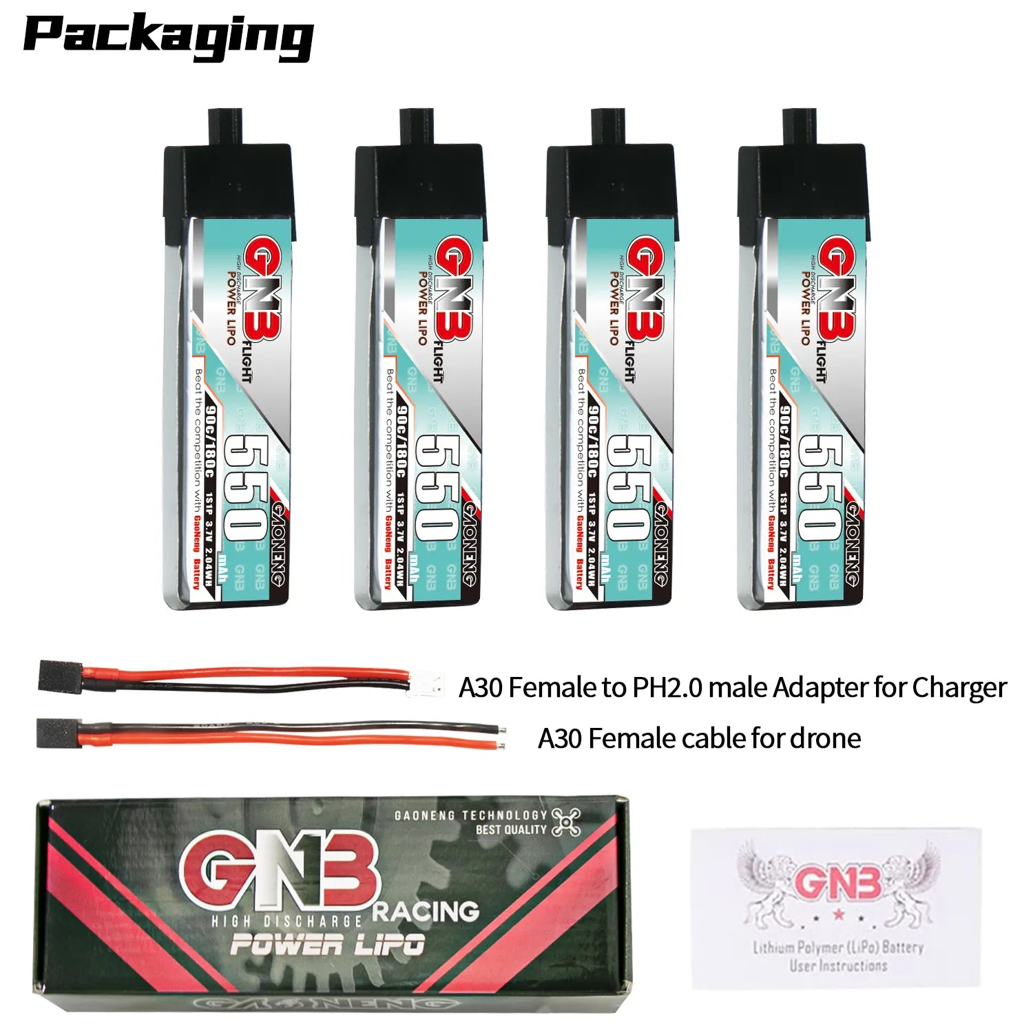 GAONENG GNB 1S 3.7V 550mAh 90C A30 Plastic Head LiPo Battery [DG]