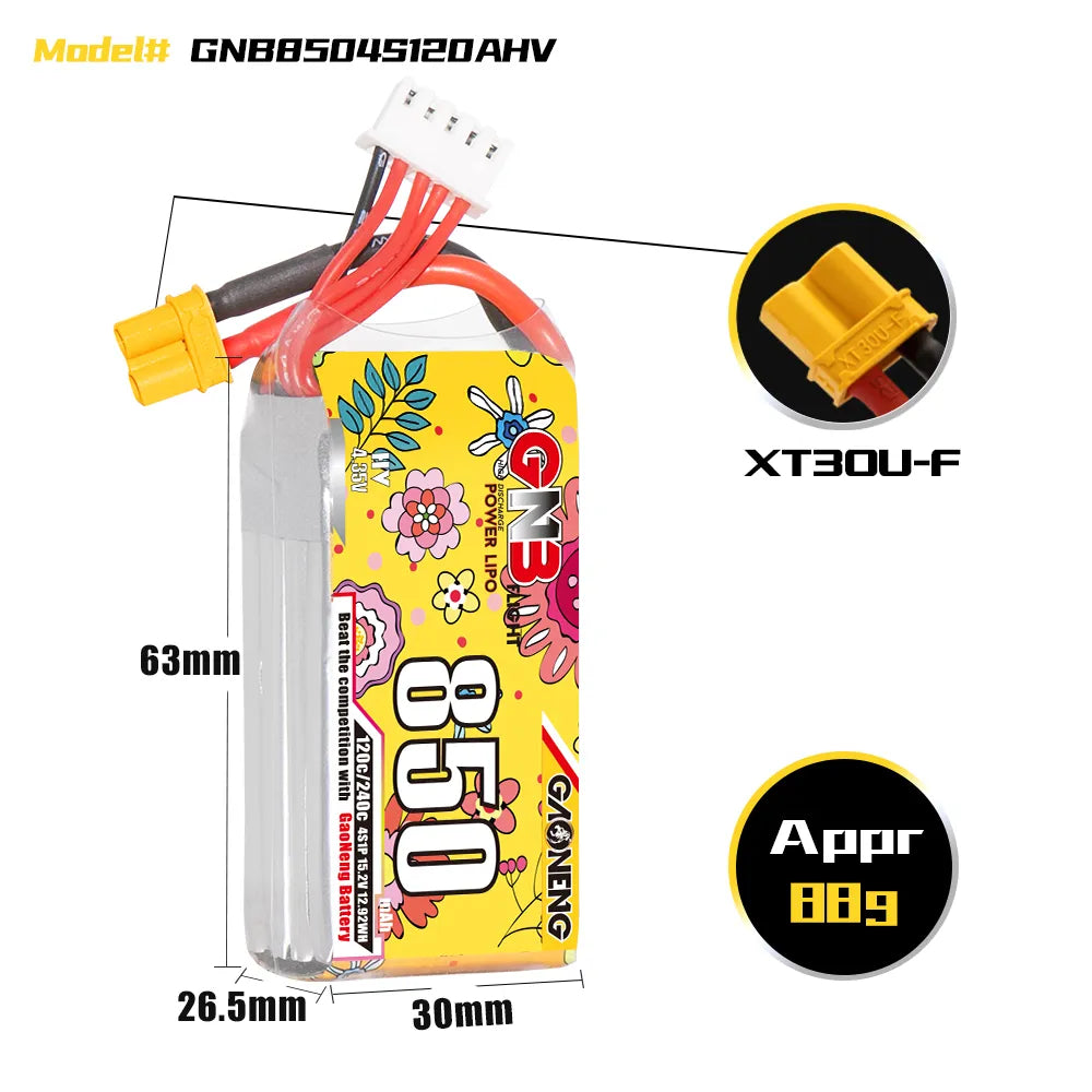 GAONENG GNB LiHV 4S 15.2V 850mAh 120C XT30 LiPo Battery [DG]