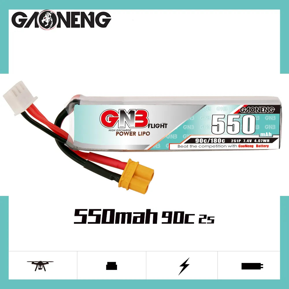 GAONENG GNB 2S 7.4V 550mAh 90C XT30 LiPo Battery Long Type [DG]