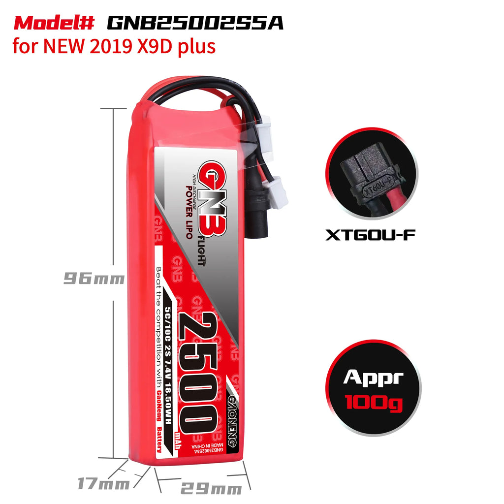 Taranis X9D (NEW 2019)  2500mAh 2S 5C LiPo Battery [DG]