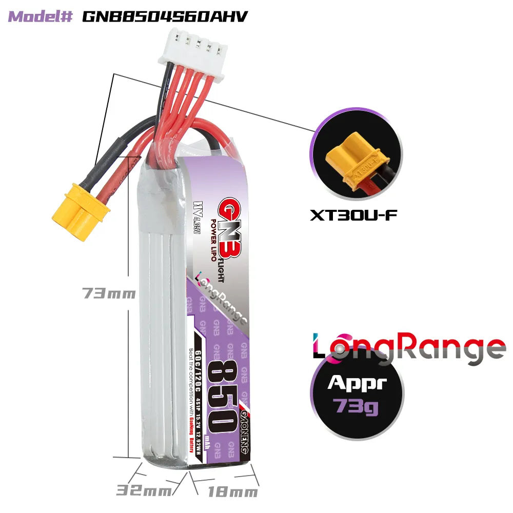 GAONENG GNB LiHV 4S 15.2V 850mAh 60C XT30 LiPo Battery Long Range [DG]