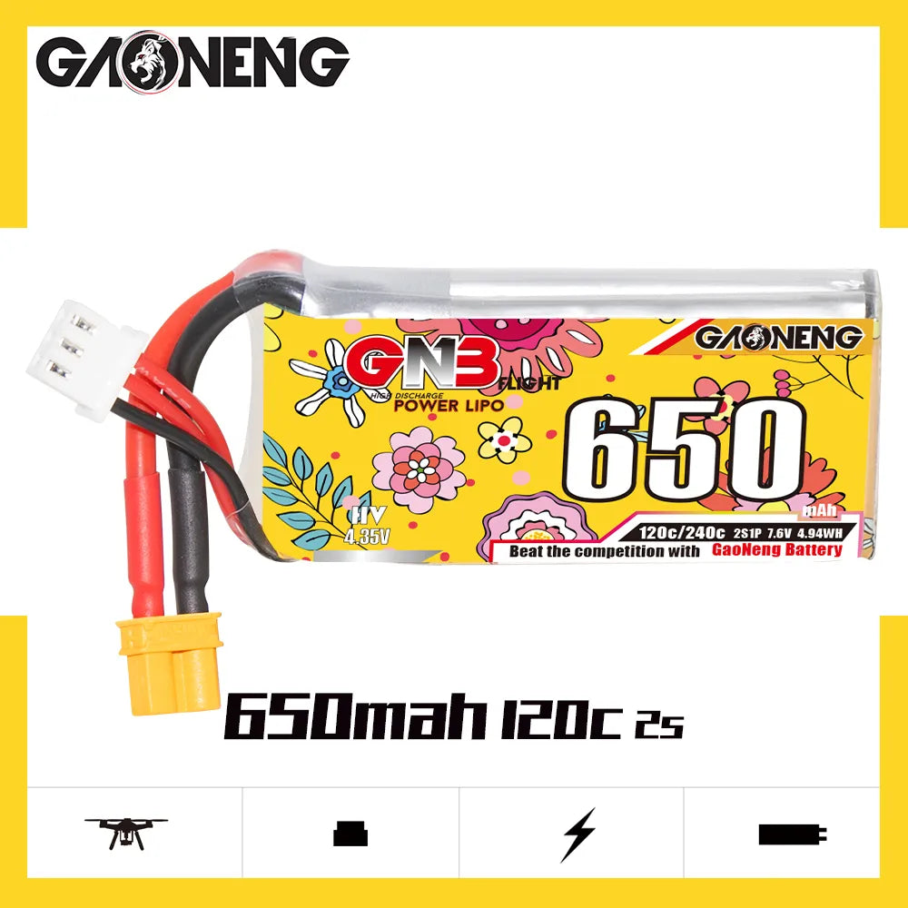 GAONENG GNB LiHV 2S 7.6V 650mAh 120C XT30 LiPo Battery [DG]
