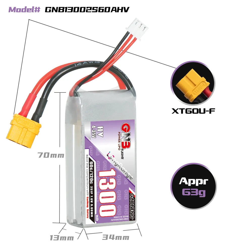 GAONENG GNB LiHV 2S 7.6V 1300mAh 60C XT60 LiPo Battery Long Range [DG]