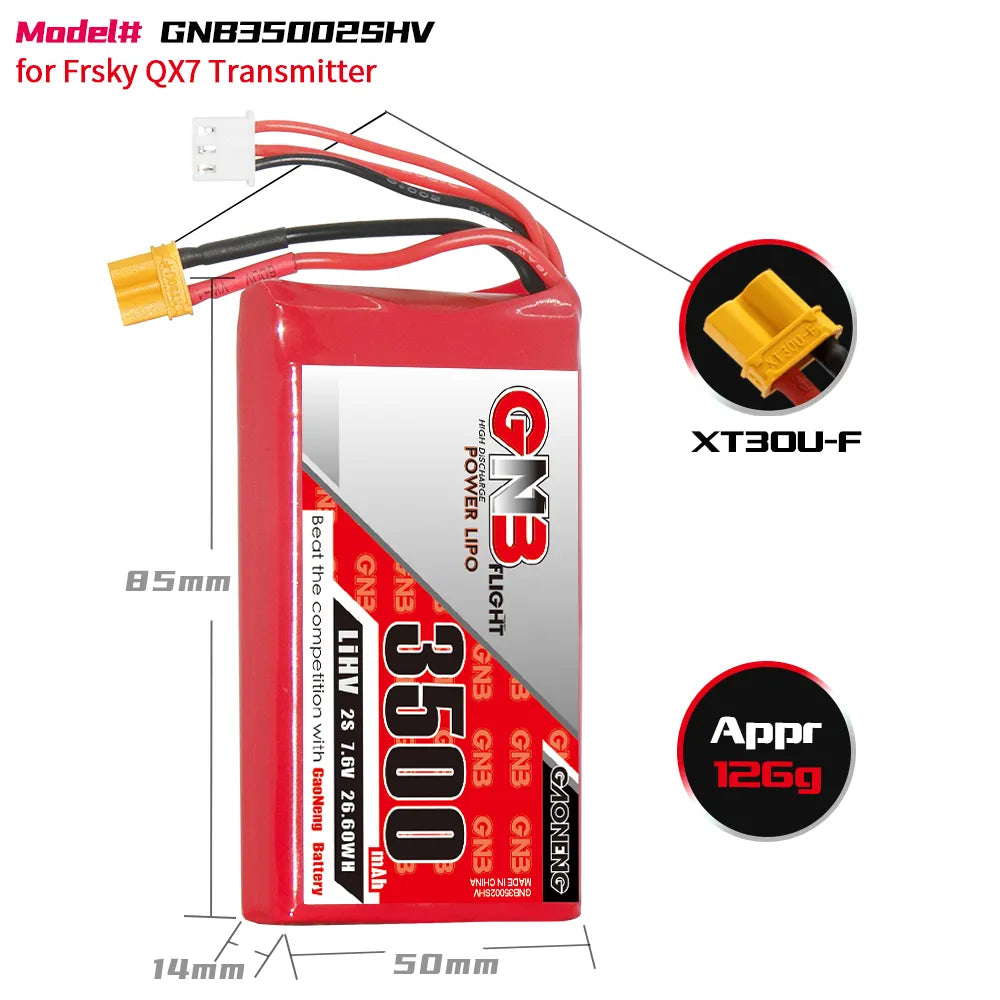 GAONENG GNB LiHV 2S 7.6V 3500mAh 5C LiPo Battery XT30 for Frsky QX7 [DG]