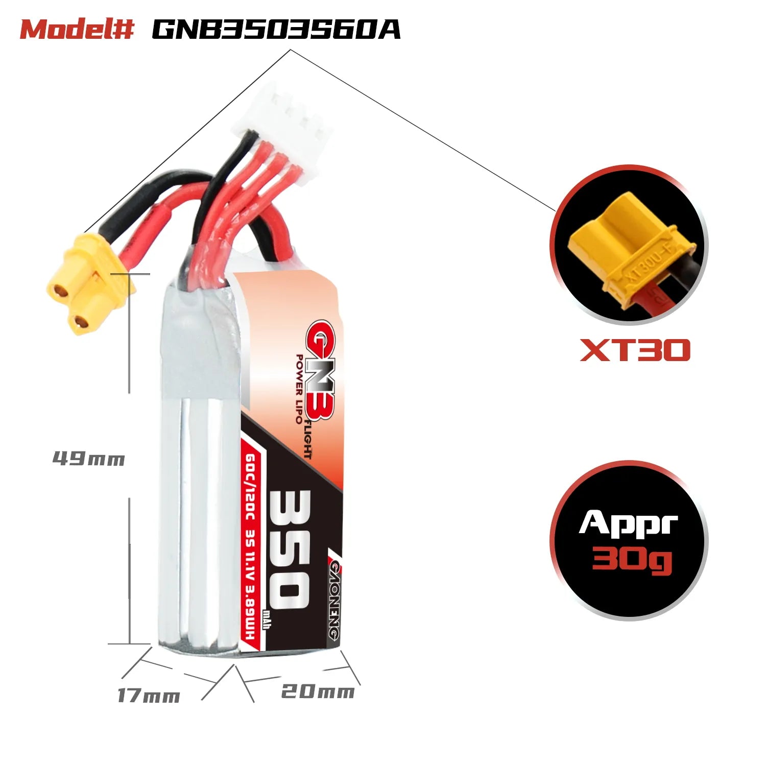 GAONENG GNB 3S 11.1V 350mAh 60C XT30 LiPo Battery [DG]