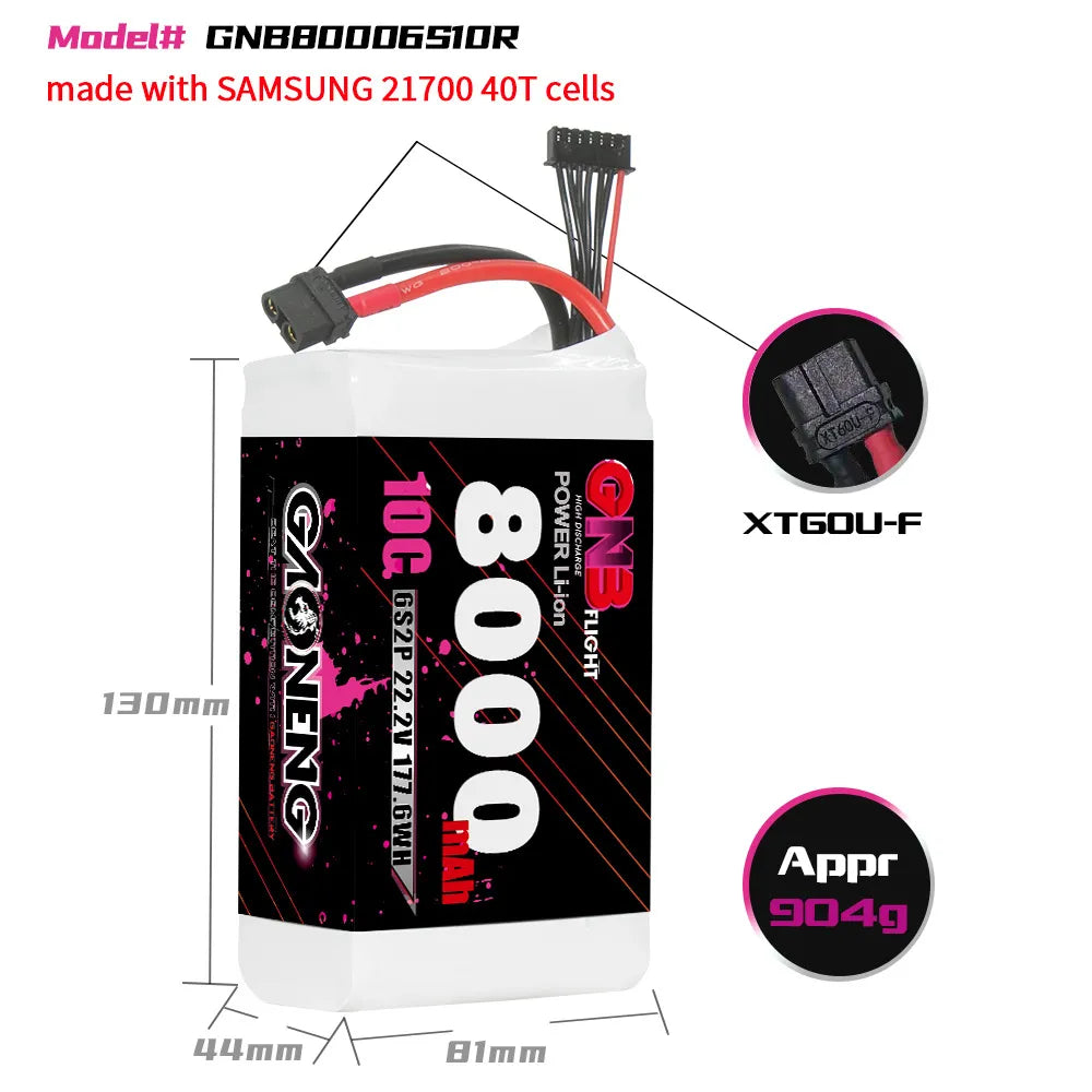 GAONENG GNB 6S 22.2V 8000mAh 10C XT60 Li-ion Battery made with Samsung 21700 [DG]