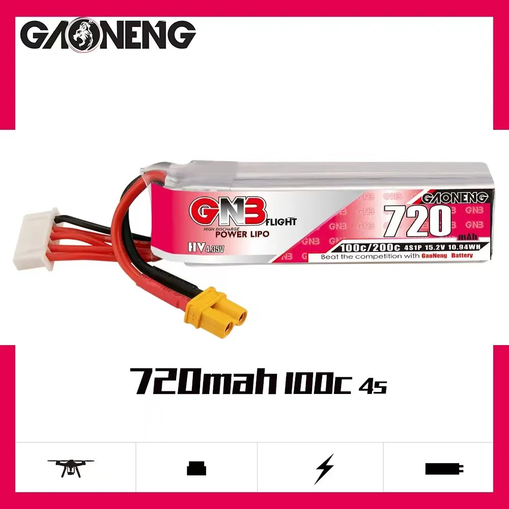 GAONENG GNB LiHV 4S 15.2V 720mAh 100C XT30 LiPo Battery Long Type [DG]