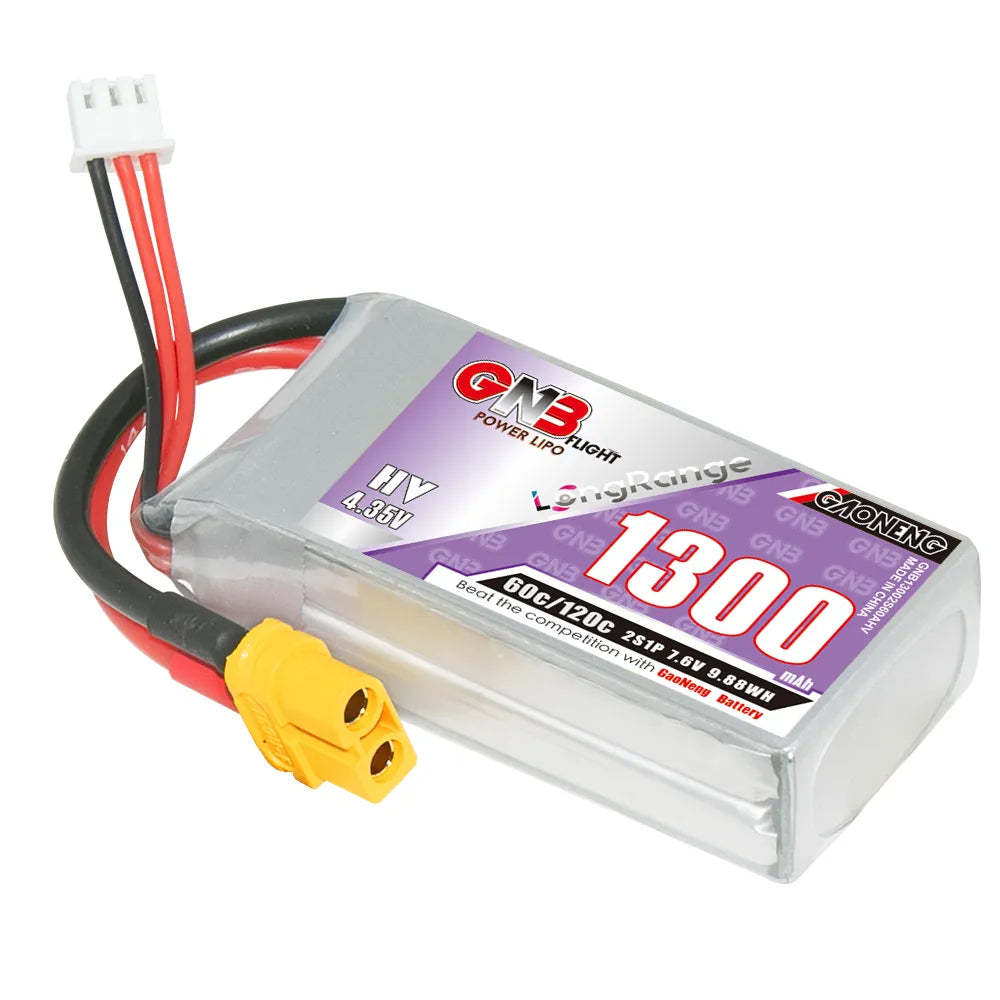 GAONENG GNB LiHV 2S 7.6V 1300mAh 60C XT60 LiPo Battery Long Range [DG]