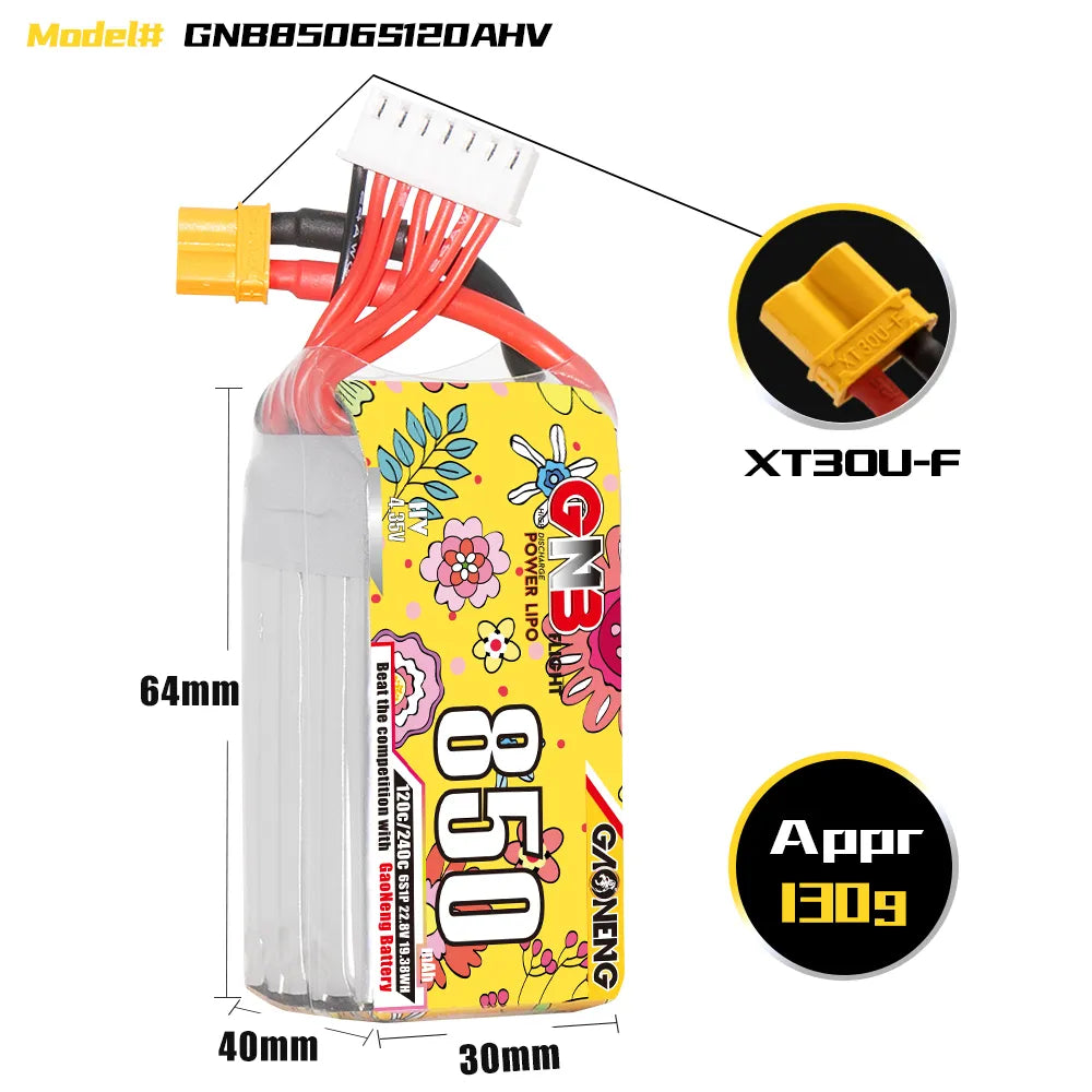 GAONENG GNB LiHV 6S 22.8V 850mAh 120C XT30 Connector LiPo Battery [DG]