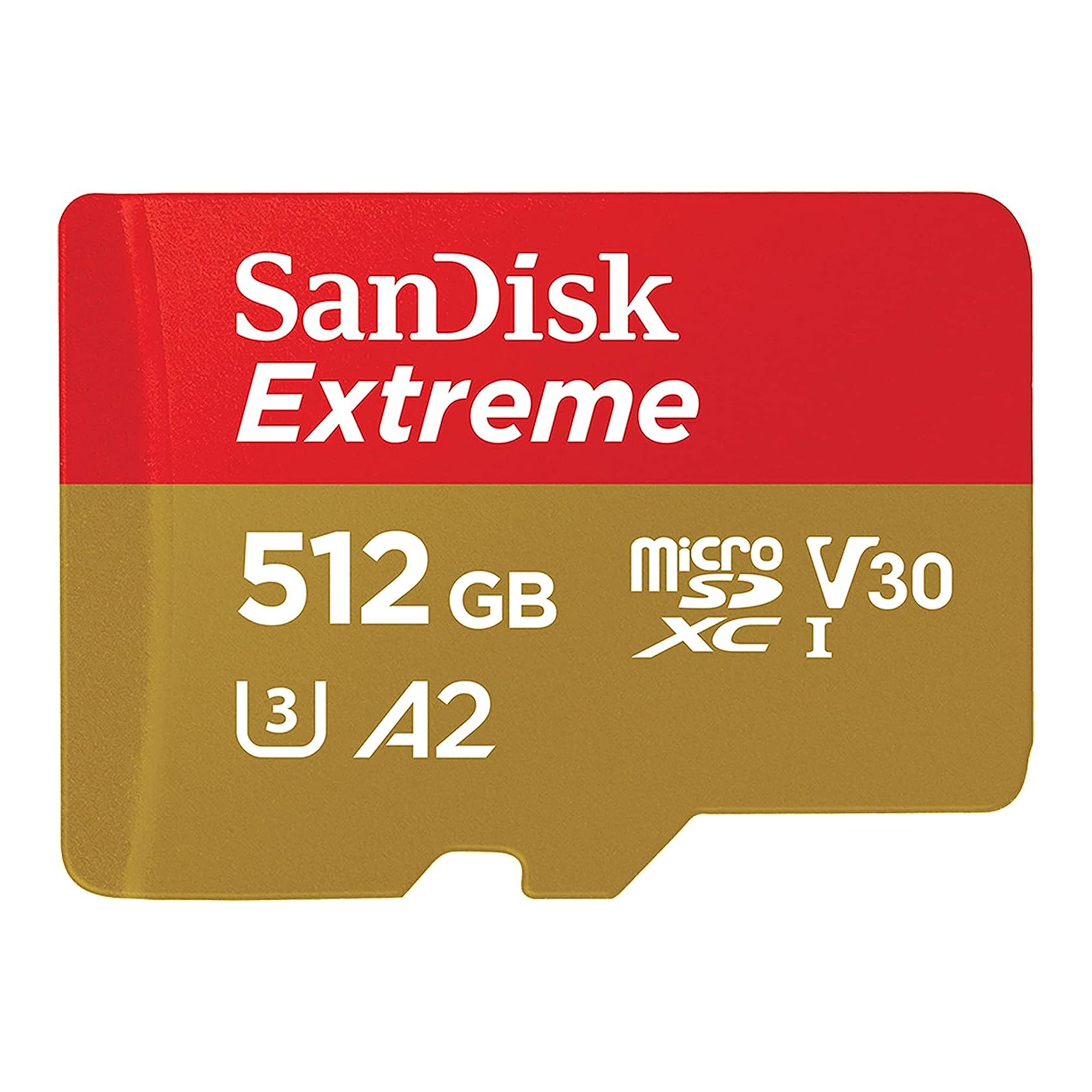 SanDisk Extreme microSDXC 512GB 190MB/s R 130MB/s W UHS-I U3 C10 V30 A2 Card - SDSQXAV-512G-GN6MA