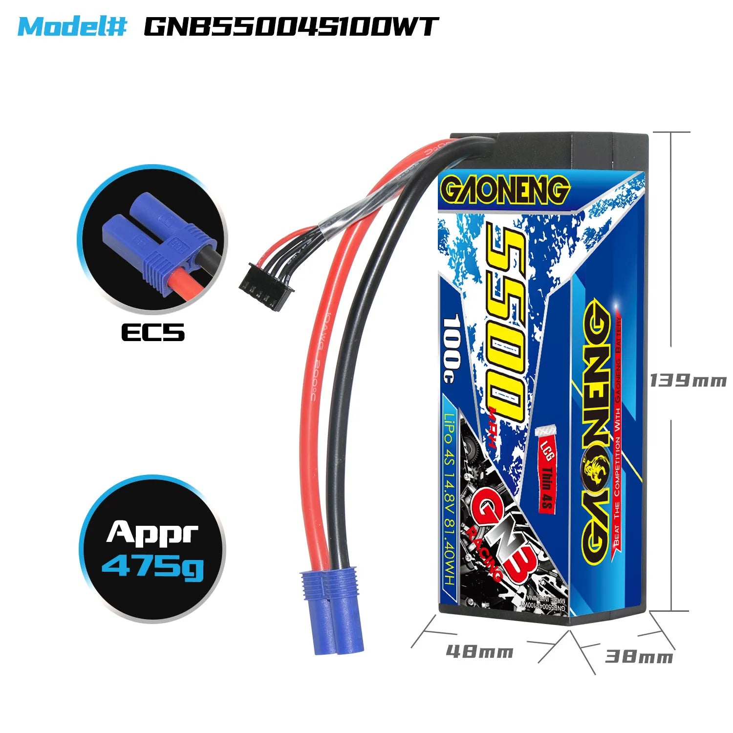 GAONENG GNB 4S 14.8V 5500mAh 100C Cabled 4S LCG Hard Case LiPo Battery EC5 [DG]