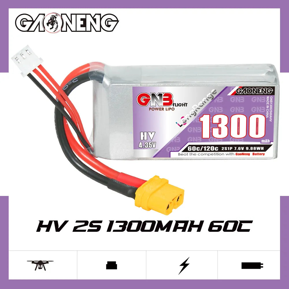 GAONENG GNB LiHV 2S 7.6V 1300mAh 60C XT60 LiPo Battery Long Range [DG]