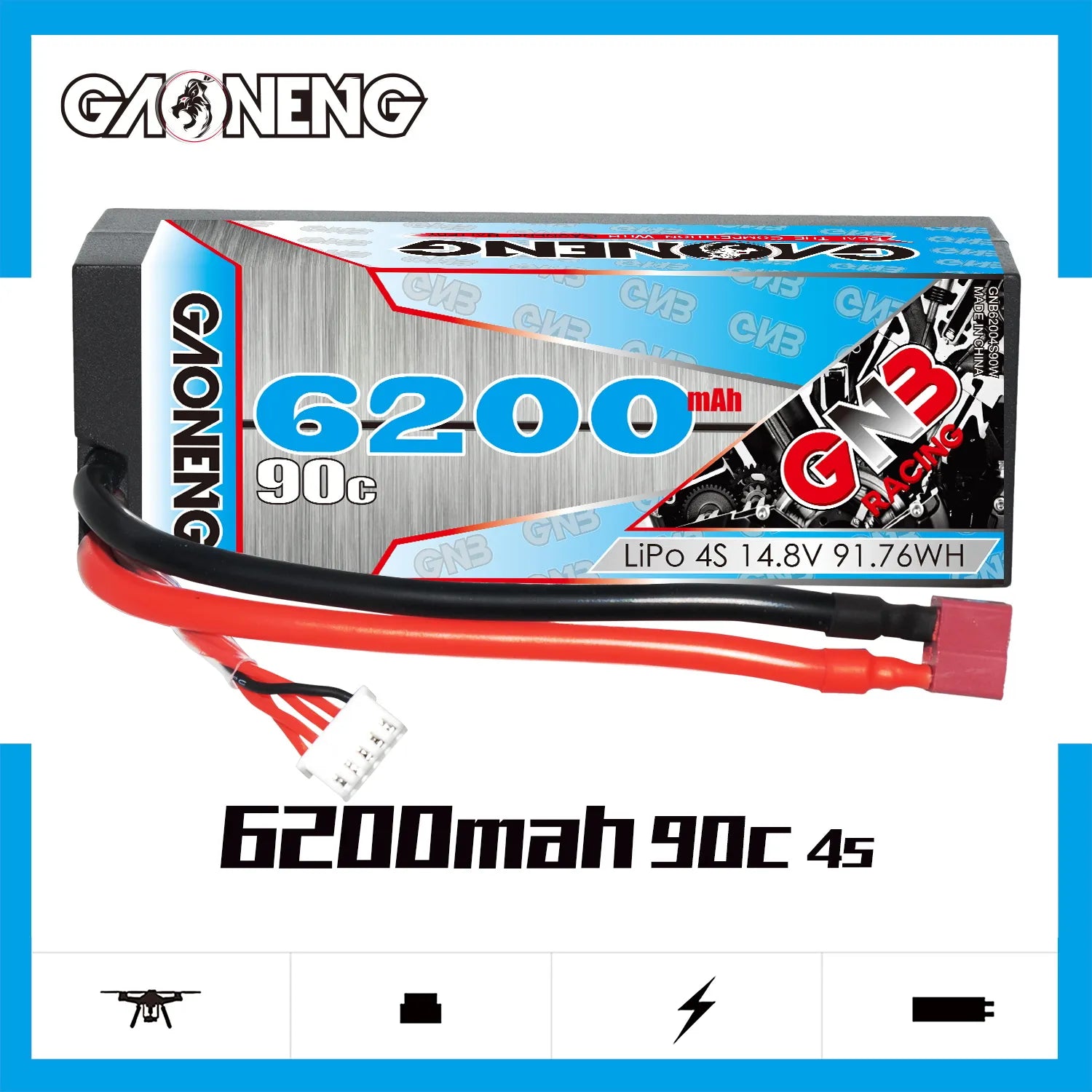 GAONENG GNB 4S 14.8V 6200mAh 90C Cabled Hard Case LiPo Battery T-PLUG [DG]