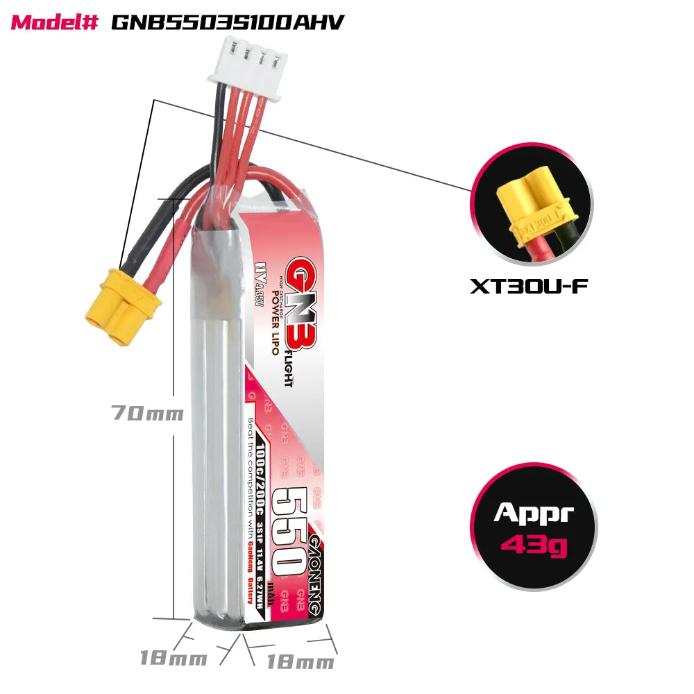 GAONENG GNB LiHV 3S 11.4V 550mAh 100C XT30 LiPo Battery Long Type [DG]