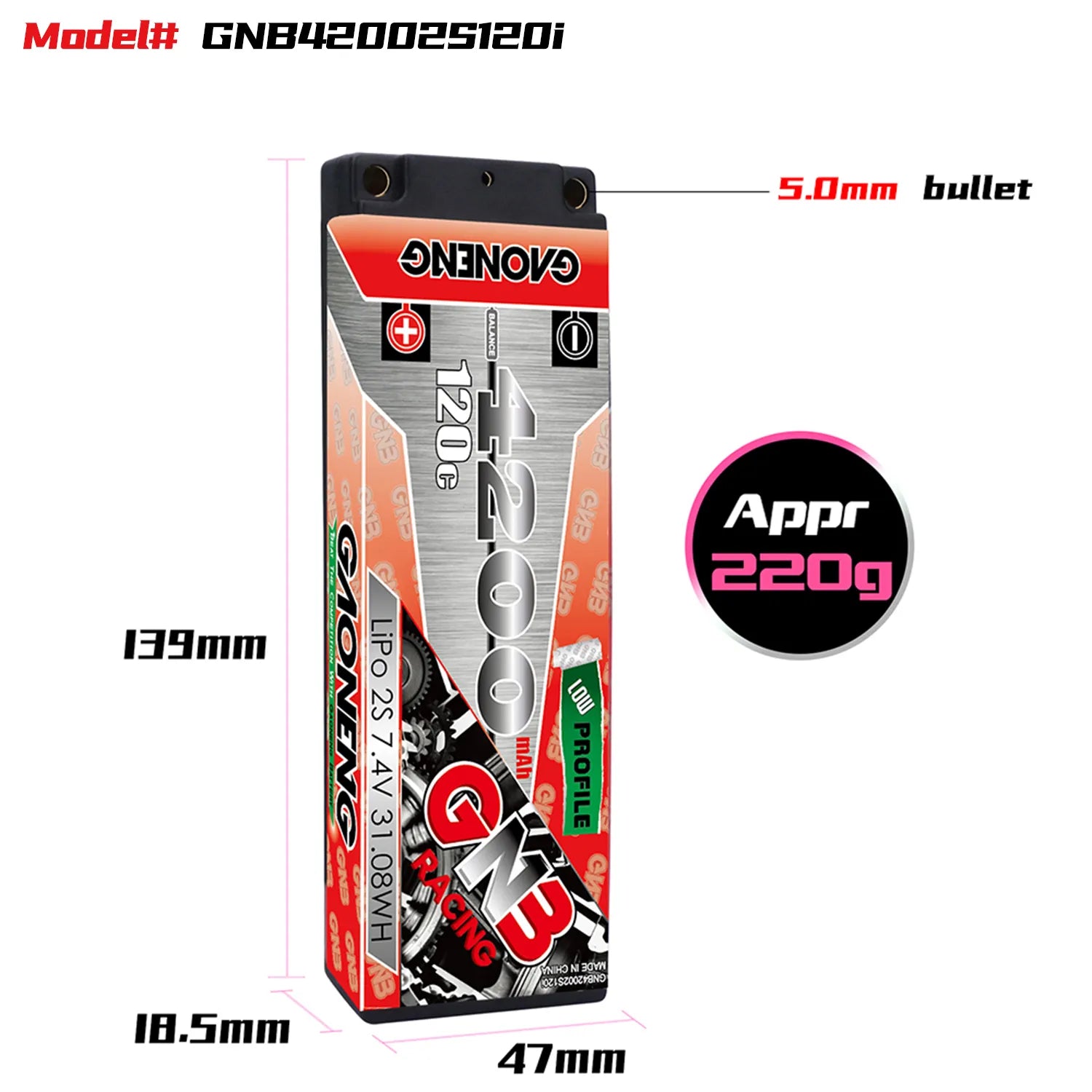 GAONENG GNB 2S 7.4V 4200mAh 120C Ultra LCG 5mm Bullet Hard Case LiPo Battery [DG]