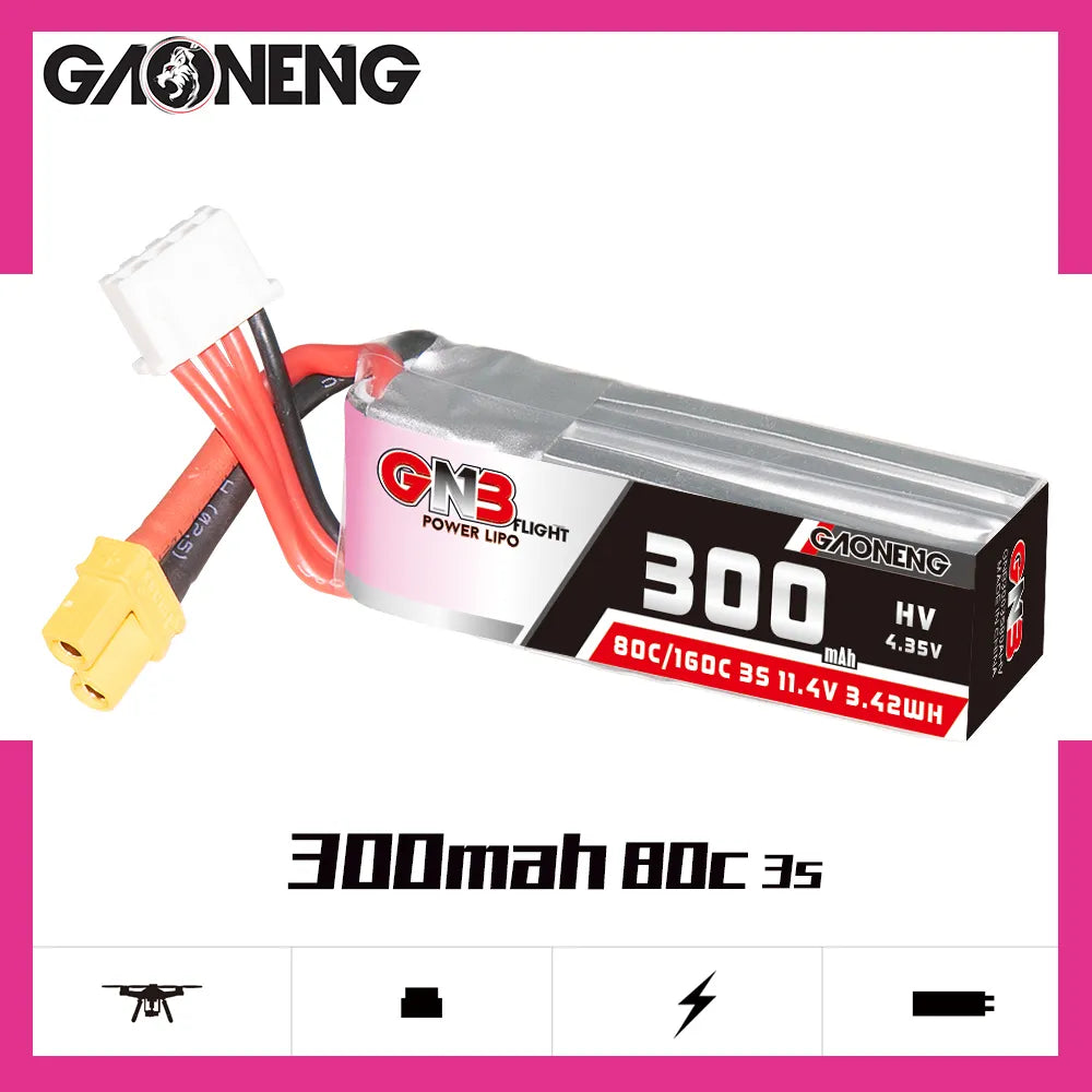 GAONENG GNB LiHV 3S 11.4V 300mAh 80C XT30 LiPo Battery [DG]
