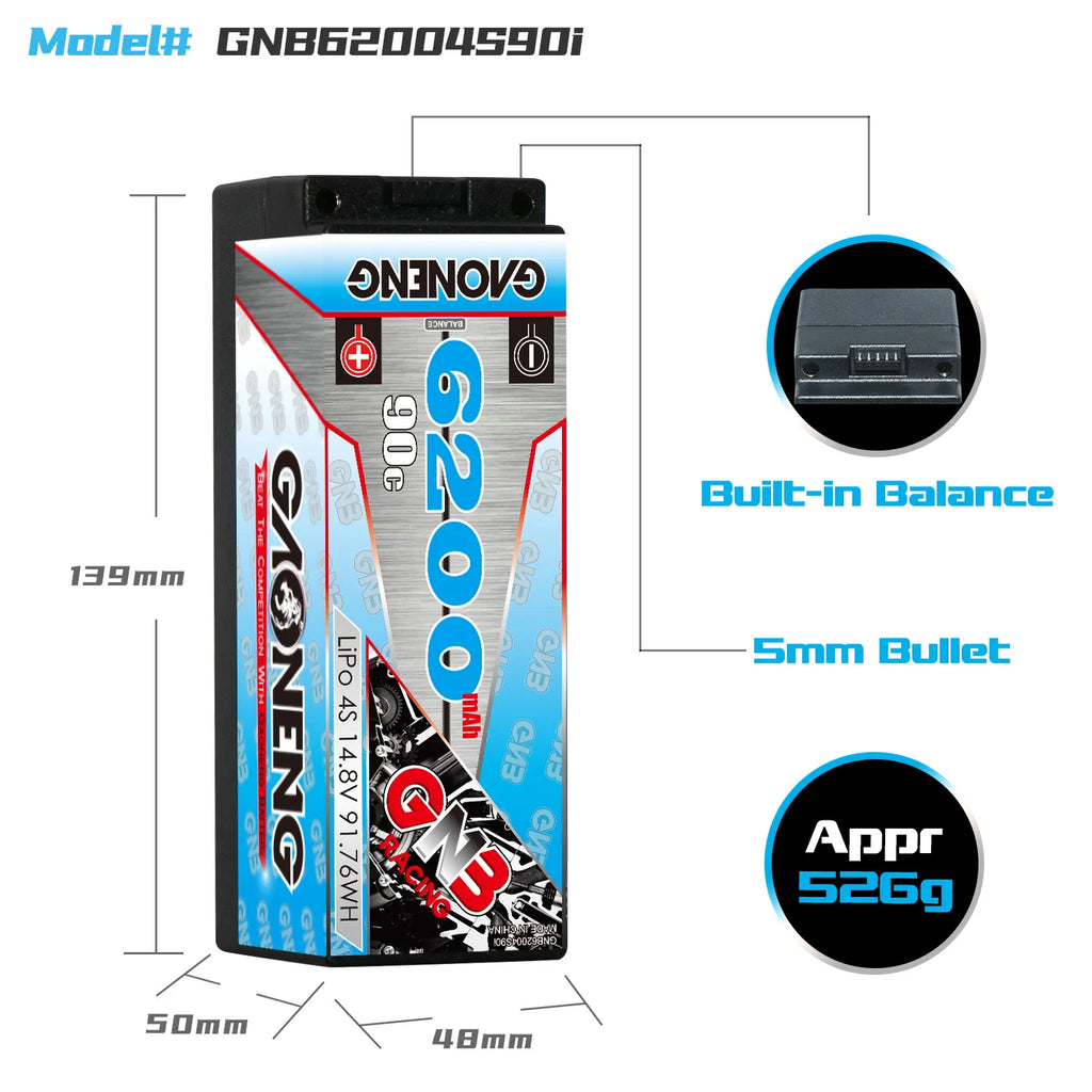 GAONENG GNB 4S 14.8V 6200mAh 90C 5mm Bullet Hard Case LiPo Battery [DG]