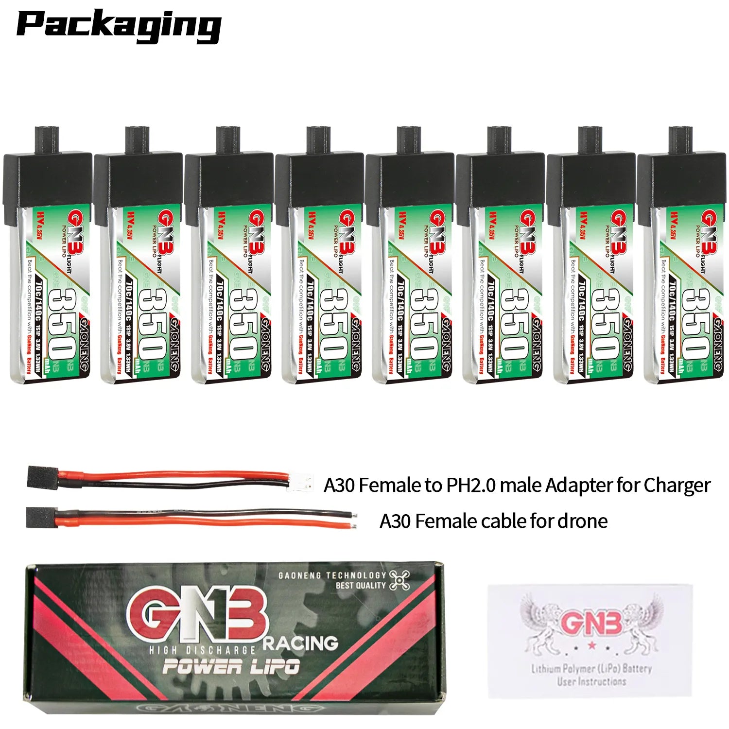 GAONENG GNB LiHV 1S 3.8V 350mAh 70C A30 Plastic Head LiPo Battery [DG]