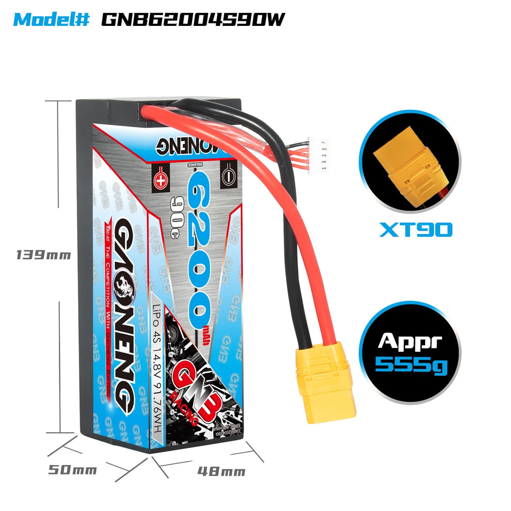 GAONENG GNB 4S 14.8V 6200mAh 90C Cabled Hard Case LiPo Battery XT90 [DG]