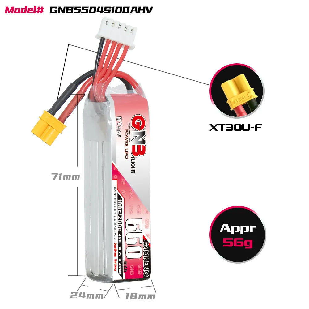 GAONENG GNB LiHV 4S 15.2V 550mAh 100C XT30 LiPo Battery Long Type [DG]