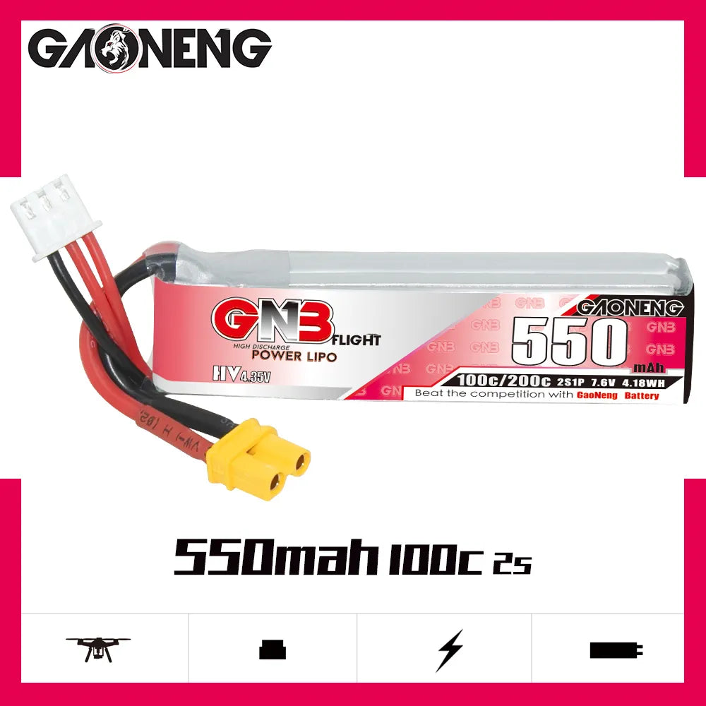 GAONENG GNB LiHV 2S 7.6V 550mAh 100C XT30 LiPo Battery Long Type [DG]