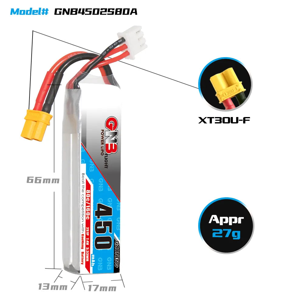 GAONENG GNB 2S 7.4V 450mAh 80C XT30 LiPo Battery Long Type [DG]