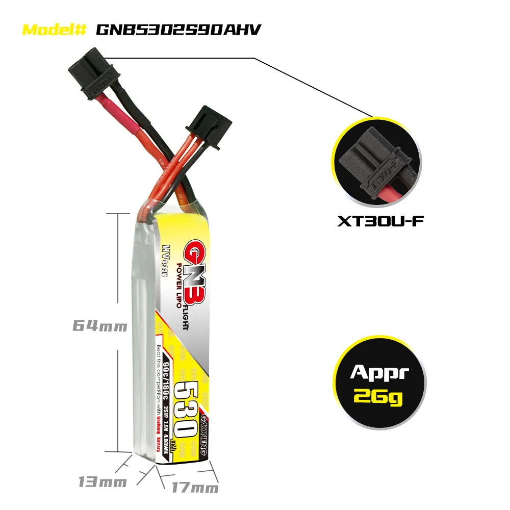 GAONENG GNB LiHV 2S 7.6V 530mAh 90C XT30 LiPo Battery Long Type [DG]