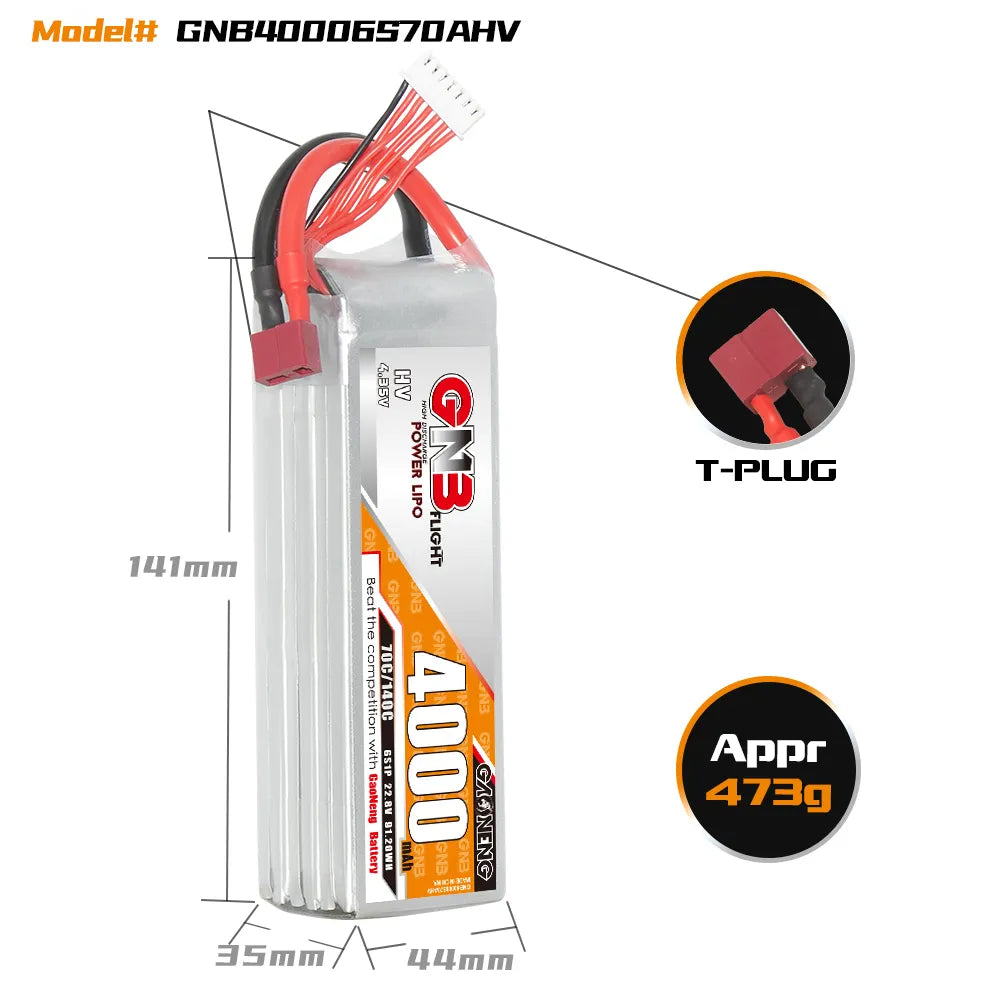 GAONENG GNB LiHV 6S 22.8V 4000mAh 70C LiPo Battery T-PLUG [DG]