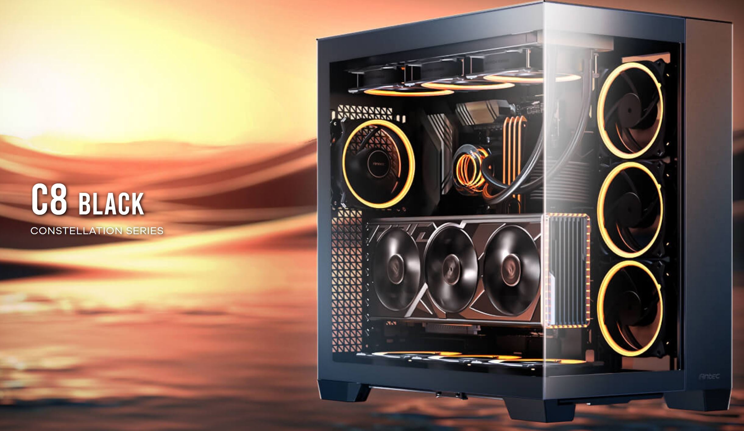Antec C8 E-ATX, mATX, ITX, Seamless Edge View Front and Side, USB-C, 4mm Tempered Glass, 360mm liquid cooler top, bottom, side. 2x USB 3.0 Black Case [PC]