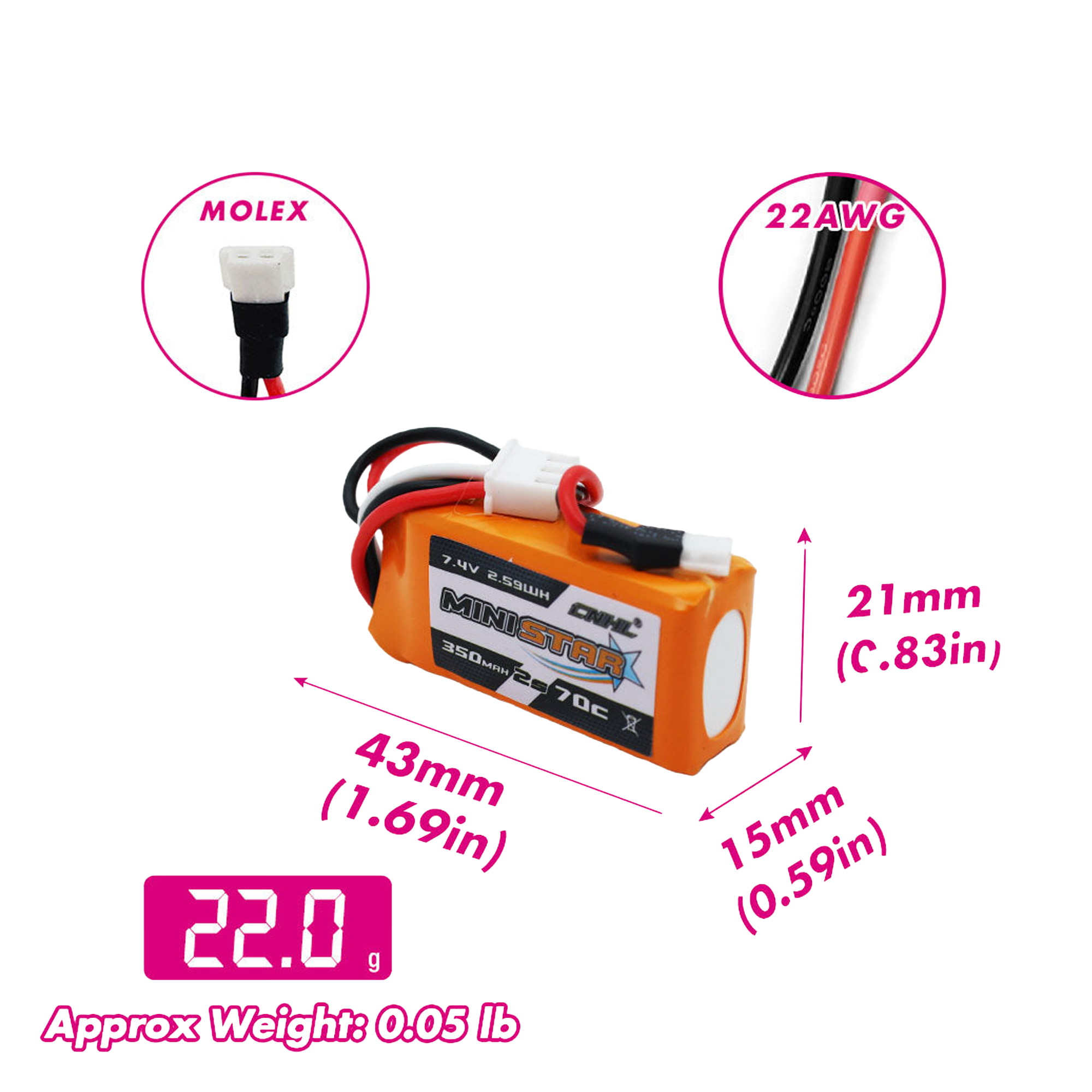 CNHL MiniStar 350mAh 2S 70C for FMS FCX18 & FCX24 Molex Battery [DG]