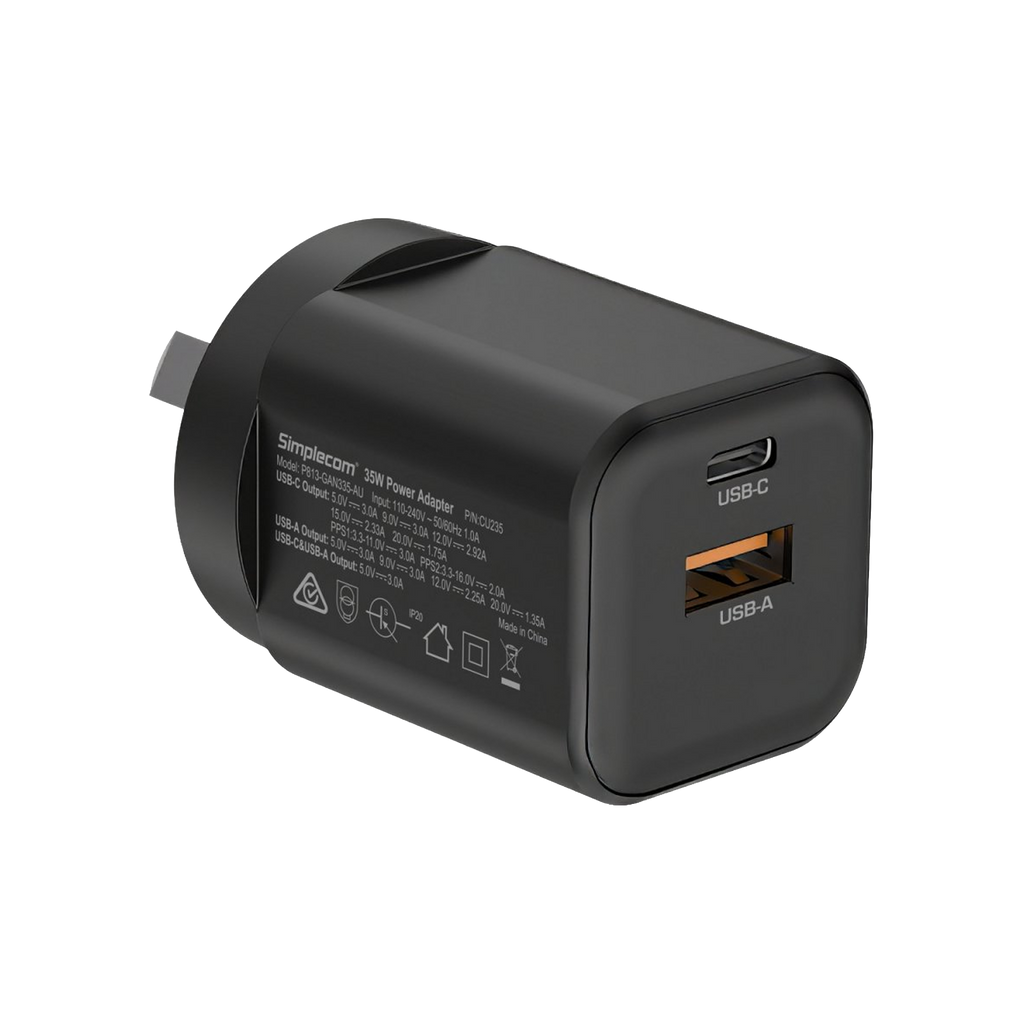 Simplecom CU235 Dual Port PD 35W Fast Wall Charger USB-C + USB-A