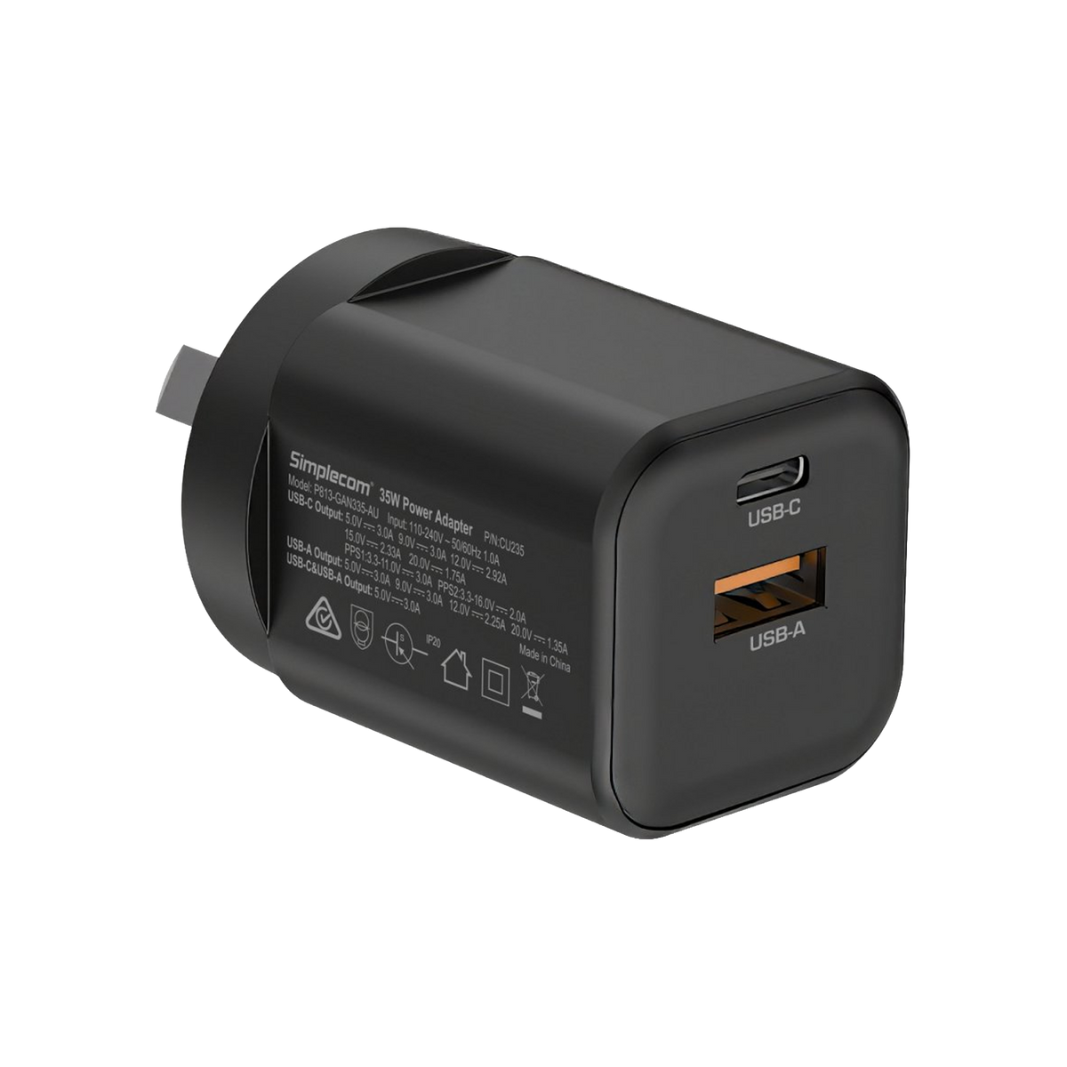 Simplecom CU235 Dual Port PD 35W Fast Wall Charger USB-C + USB-A