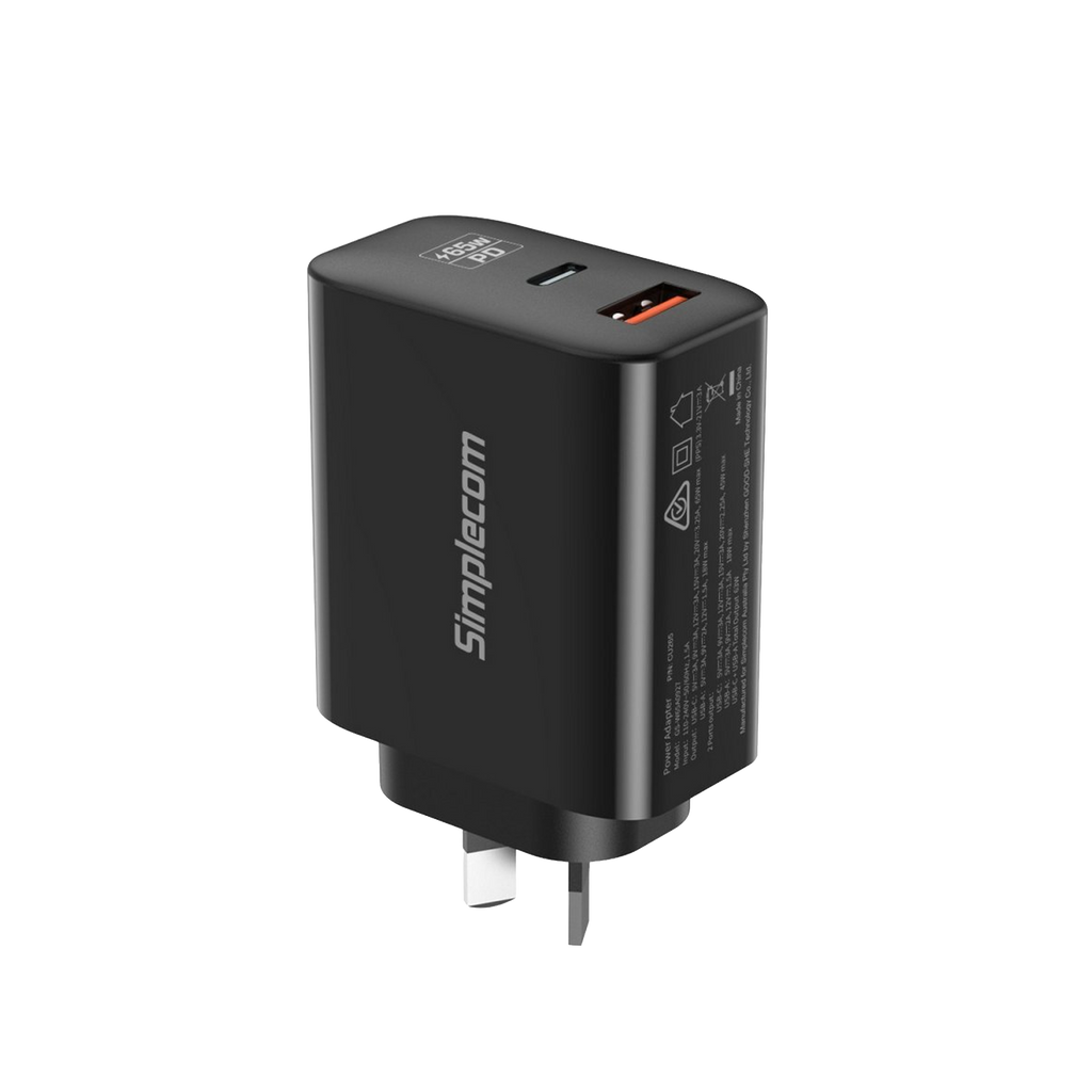 Simplecom CU265 Dual Port PD 65W GaN Fast Wall Charger USB-C + USB-A